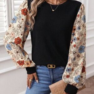 SHEIN Black Top with Floral Sleeves